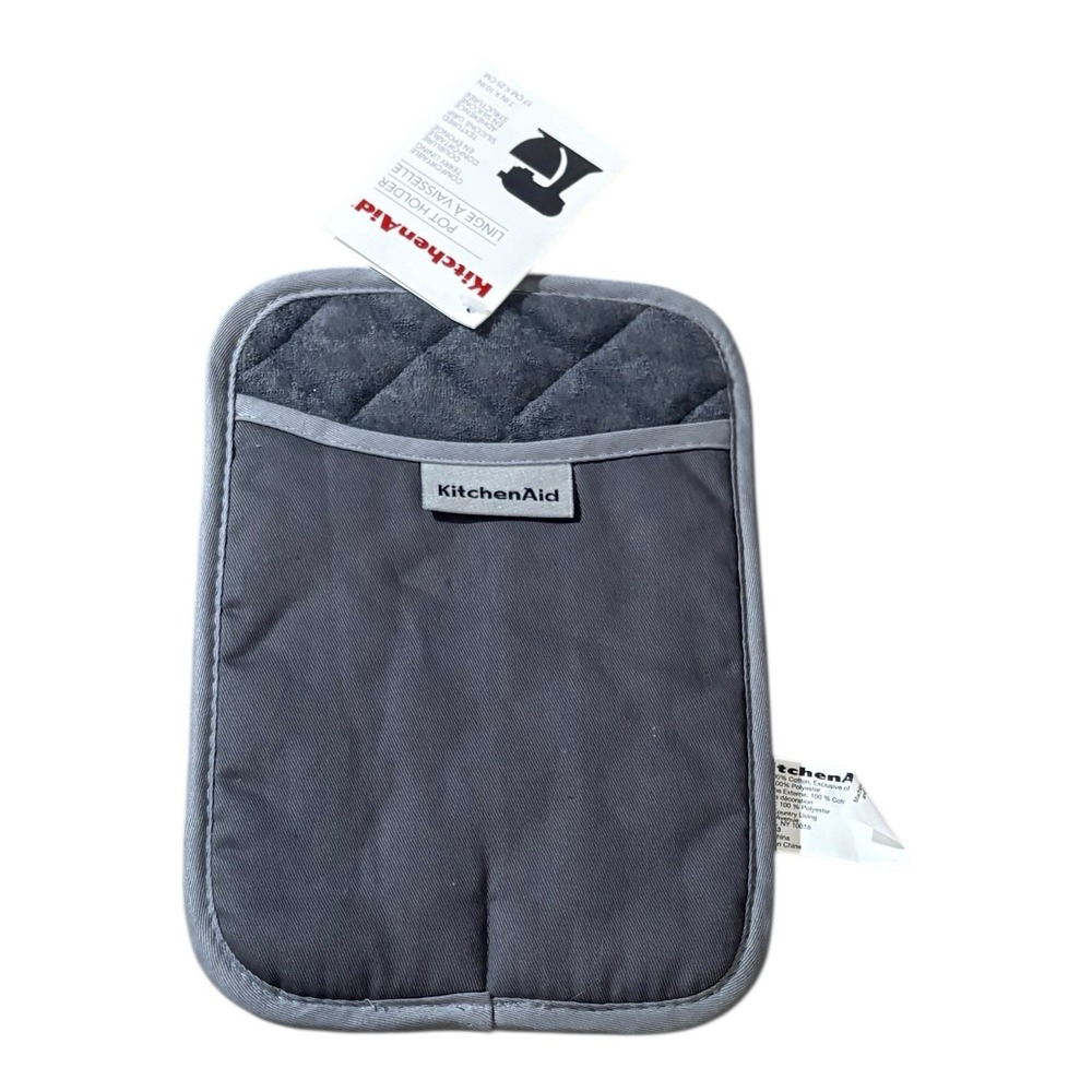 KITCHEN AID POT HOLDER Gray 7x10 Textured SILICONE Grip (1) 100% COTTON  New